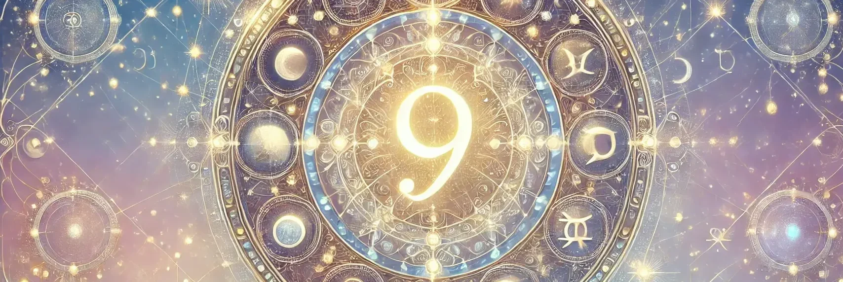 Mistyczny obraz w jasnych tonach z elementami astrologii i numerologii na rok 2025. W centrum znajduje się delikatnie świecąca cyfra 9, otoczona gwiazdami, księżycem i konstelacjami, z subtelnymi, złocistymi i srebrzystymi wzorami oraz znakami zodiaku.